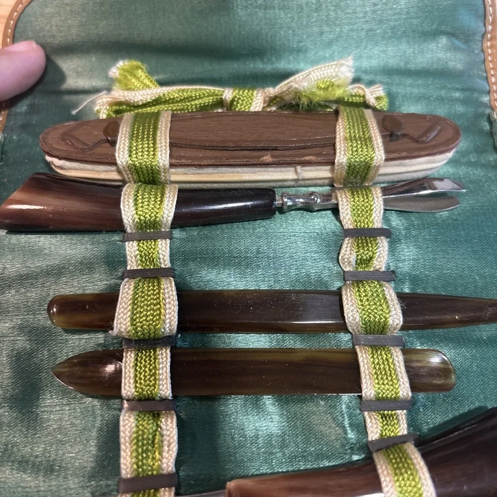 VTG Antique Celluloid Tortoiseshell Manicure Set, Green Satin Roll-Up Leather